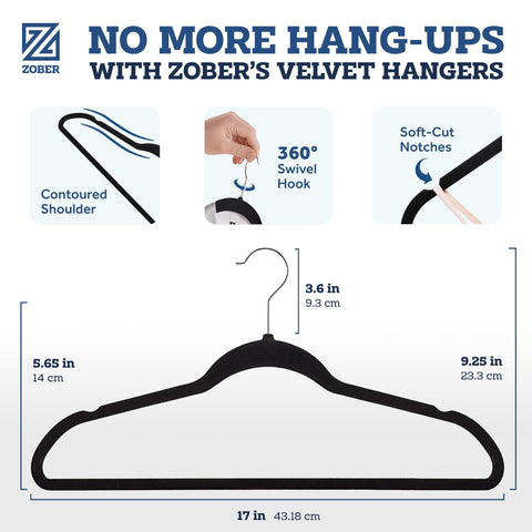 ZOBER non-slip velvet finish protects delicate fabrics while maximizing grip.