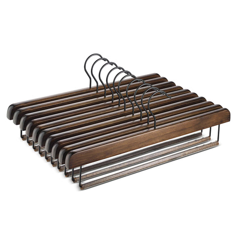 ZOBER wooden pants hanger with anti-slip brass bar for secure grip.
