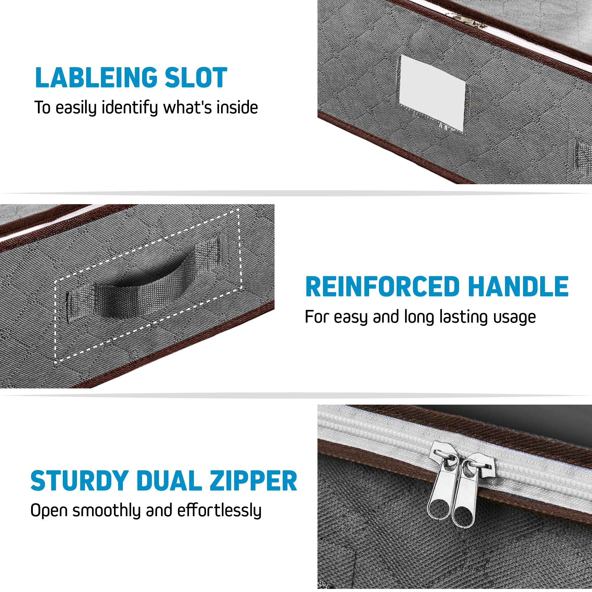 Zober storage bin with reinforced handle shown sliding under bed for easy maneuvering.