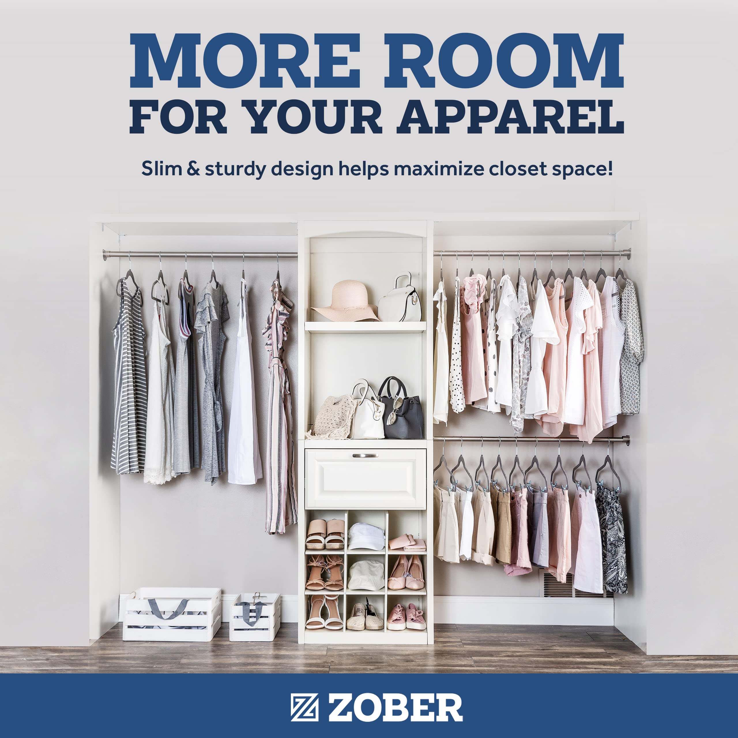 ZOBER velvet hangers with 360° swivel hooks for easy access.