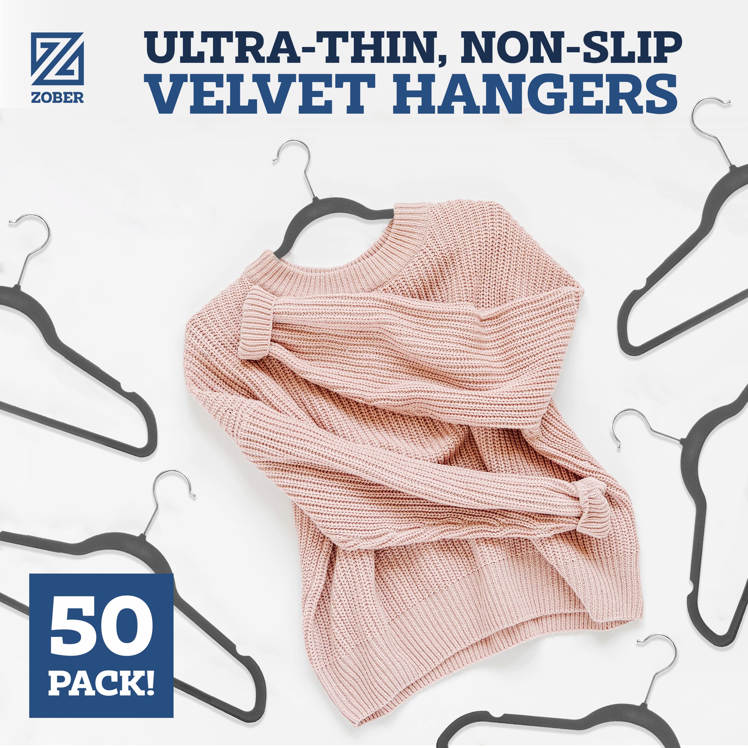 ZOBER velvet hangers for dresses showing drape and space-saving design.