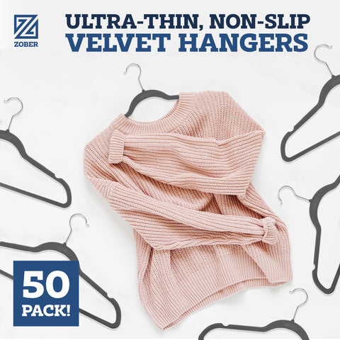 ZOBER velvet hangers for dresses showing drape and space-saving design.