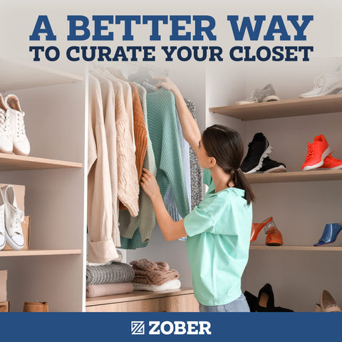 ZOBER grey velvet hangers preserve garment shape with curved shoulders.
