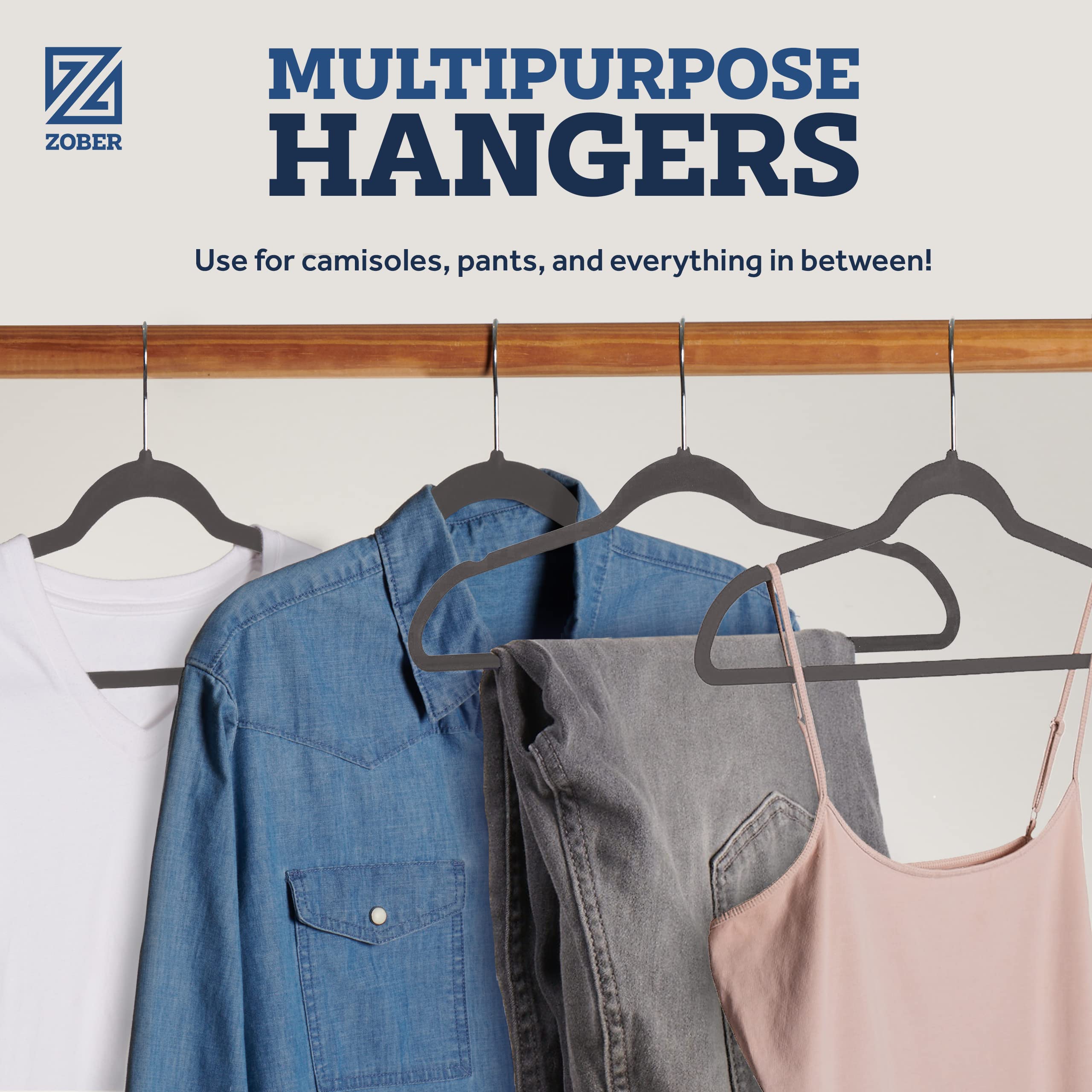 ZOBER velvet hangers provide non-slip grip to prevent slips.