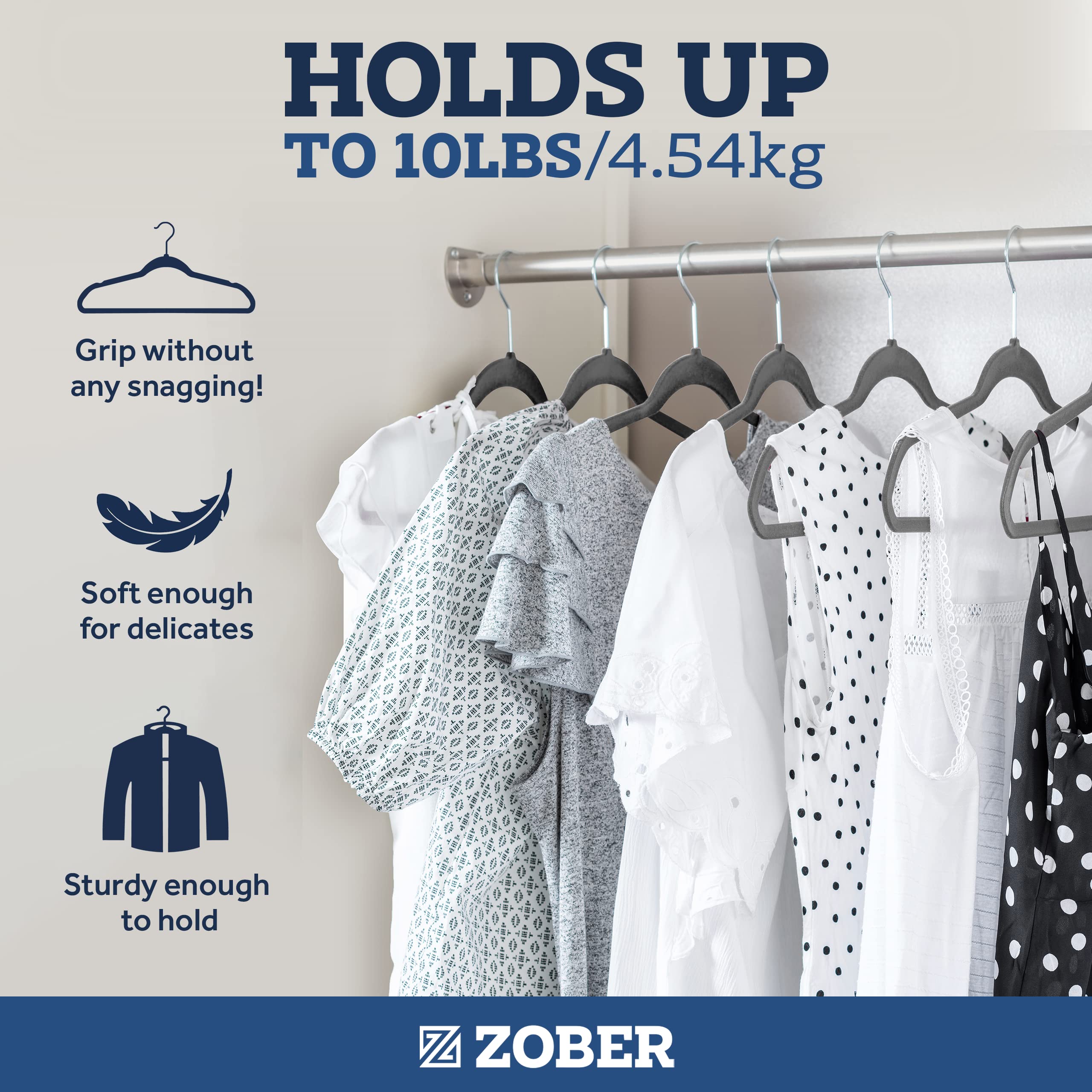ZOBER velvet hangers with notched shoulders protect delicate tops.