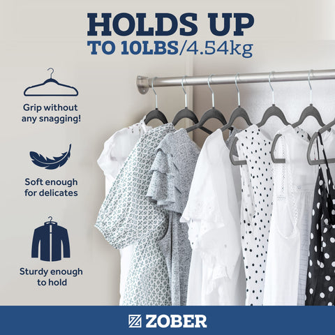 ZOBER velvet hangers with notched shoulders protect delicate tops.