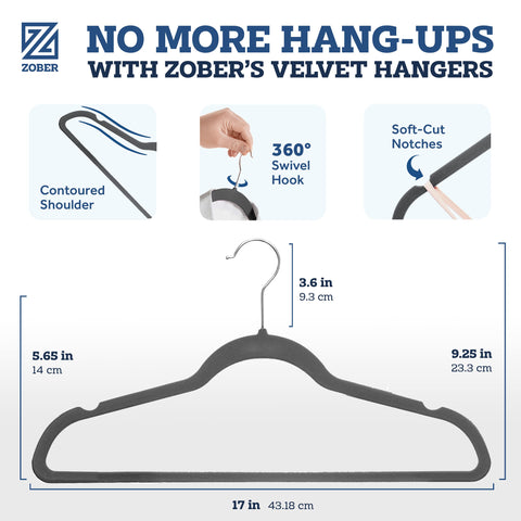ZOBER velvet hangers with pants bar for versatile wardrobe organization.