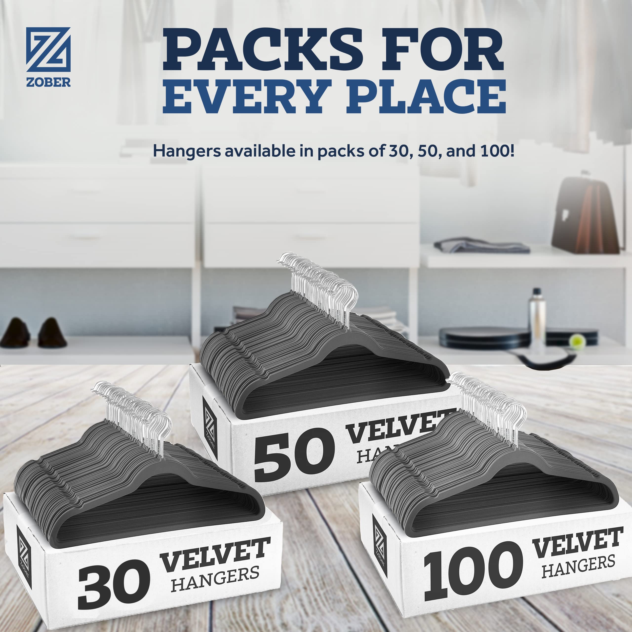 ZOBER slim velvet hangers save closet space in a busy wardrobe.
