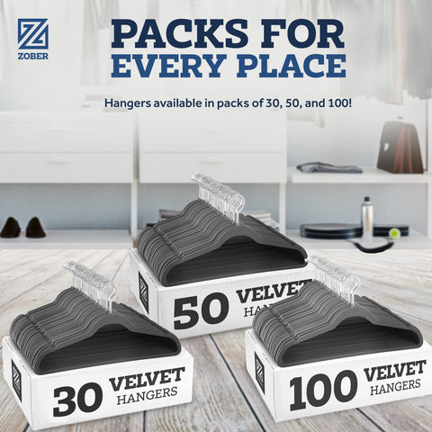 ZOBER slim velvet hangers save closet space in a busy wardrobe.