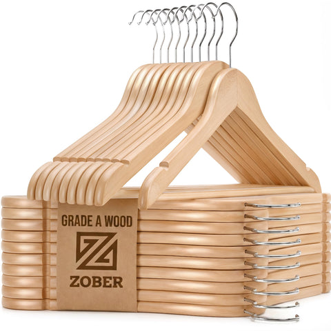 ZOBER wooden hanger with 360-degree hook keeps coats neatly organized.