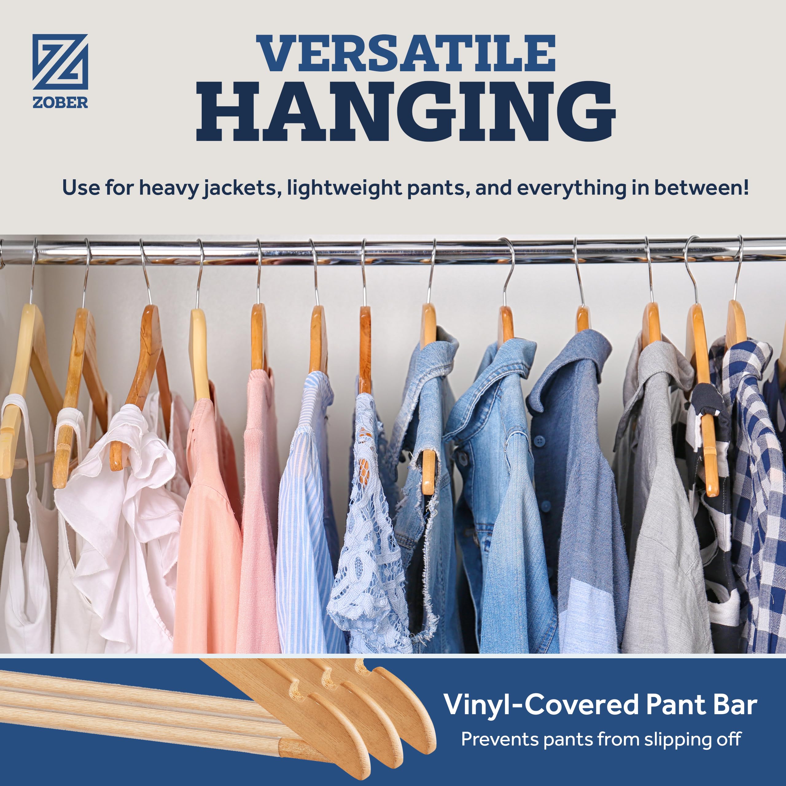 ZOBER clear varnished wood enhances closet organization.