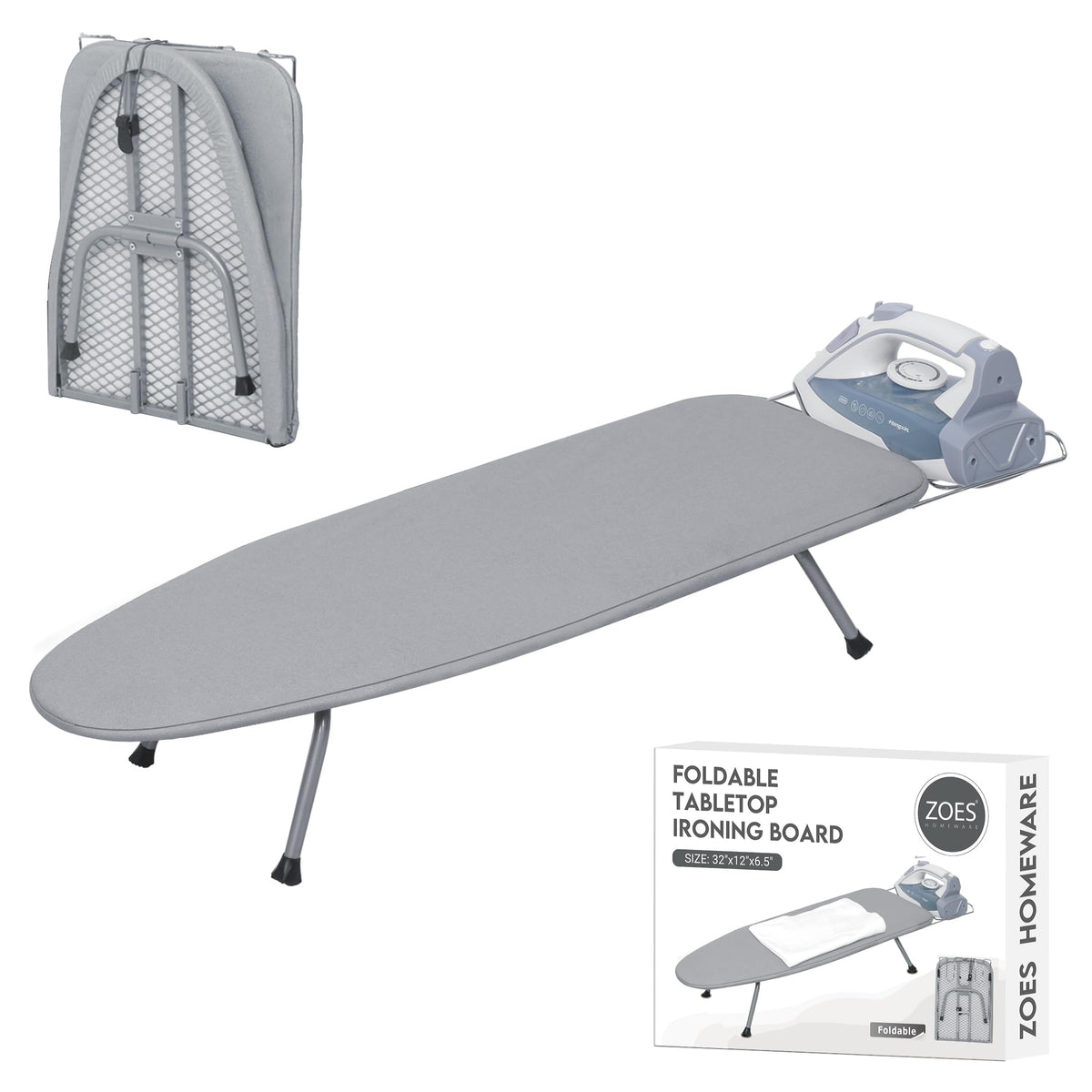 ZOES HOMEWARE ironing board tabletop with heat-reflective cover in silver enables efficient ironing.