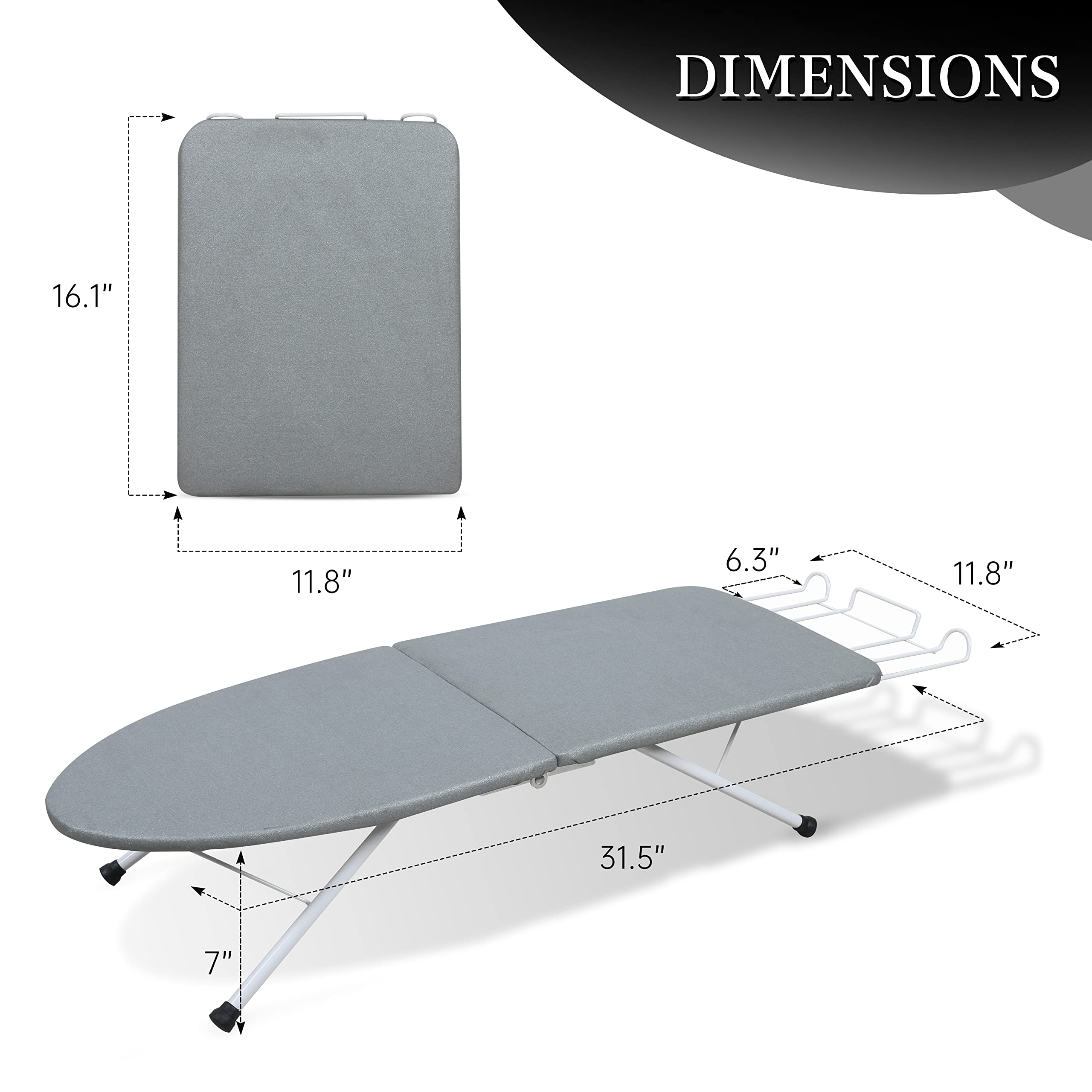 ZOES HOMEWARE small-space tabletop ironing setup ready for bedroom or laundry area.