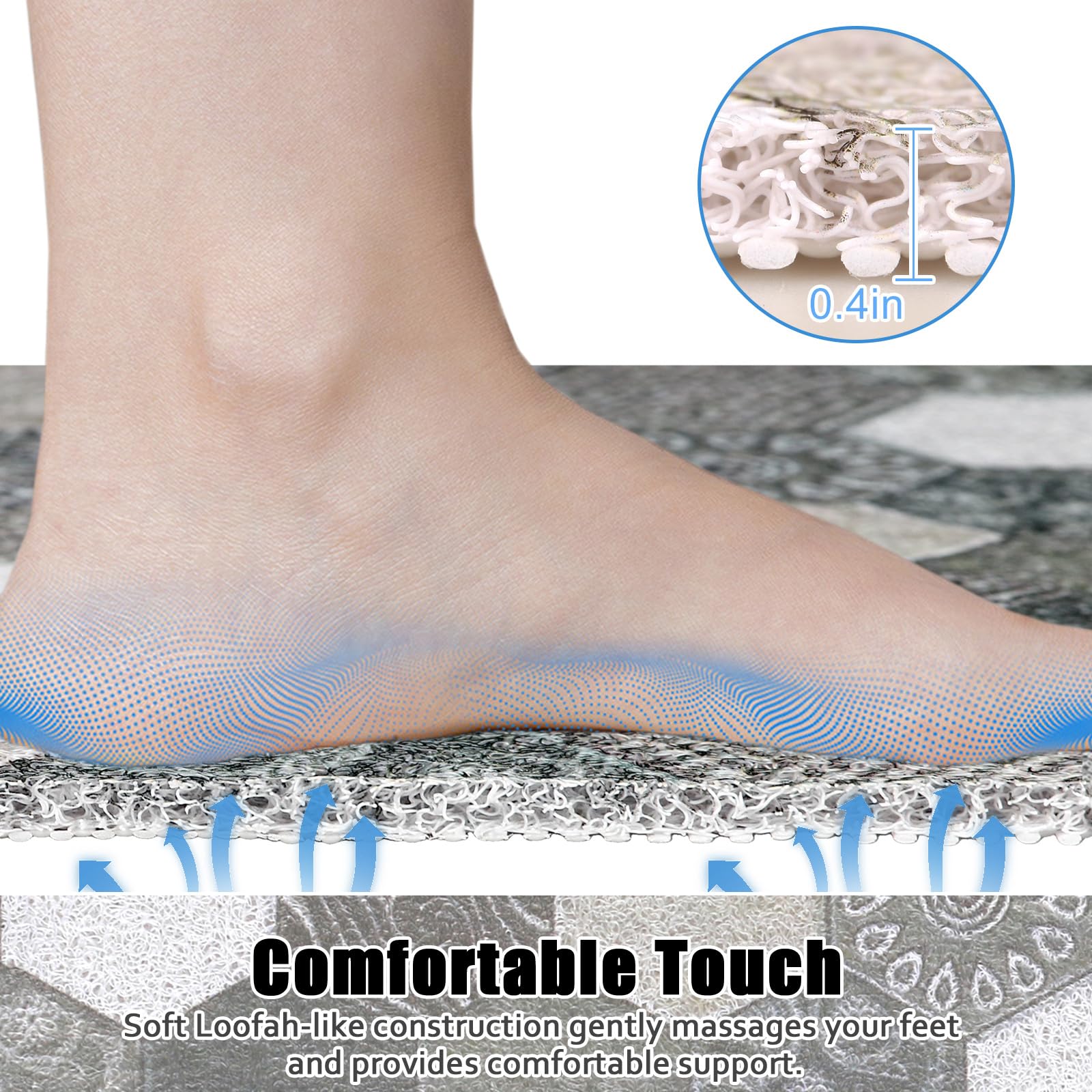 ZOESOE mat has a non-slip backing for secure footing on wet bathroom floors.