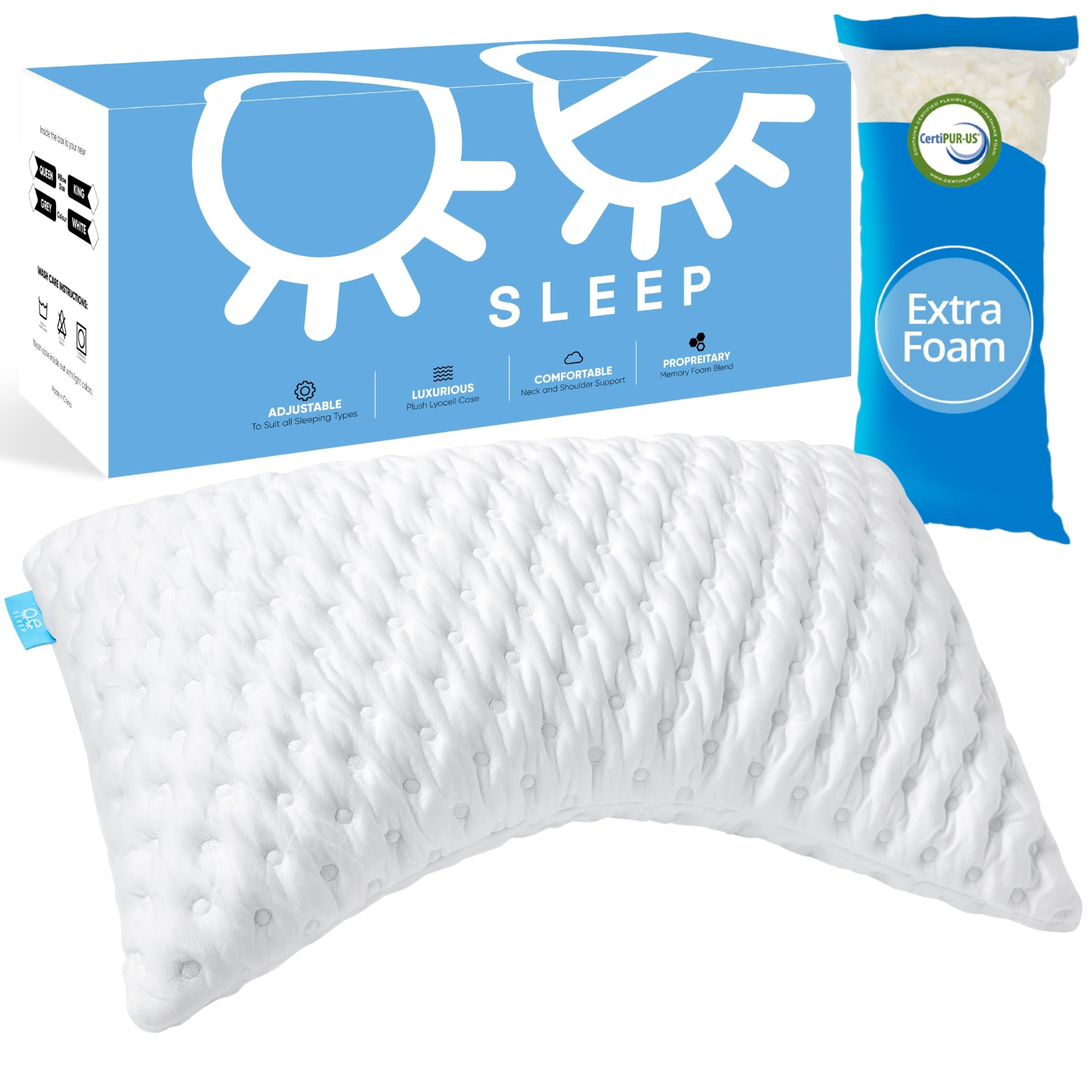 Zoey Sleep curved pillow side view shows ergonomic neck support for side sleepers.