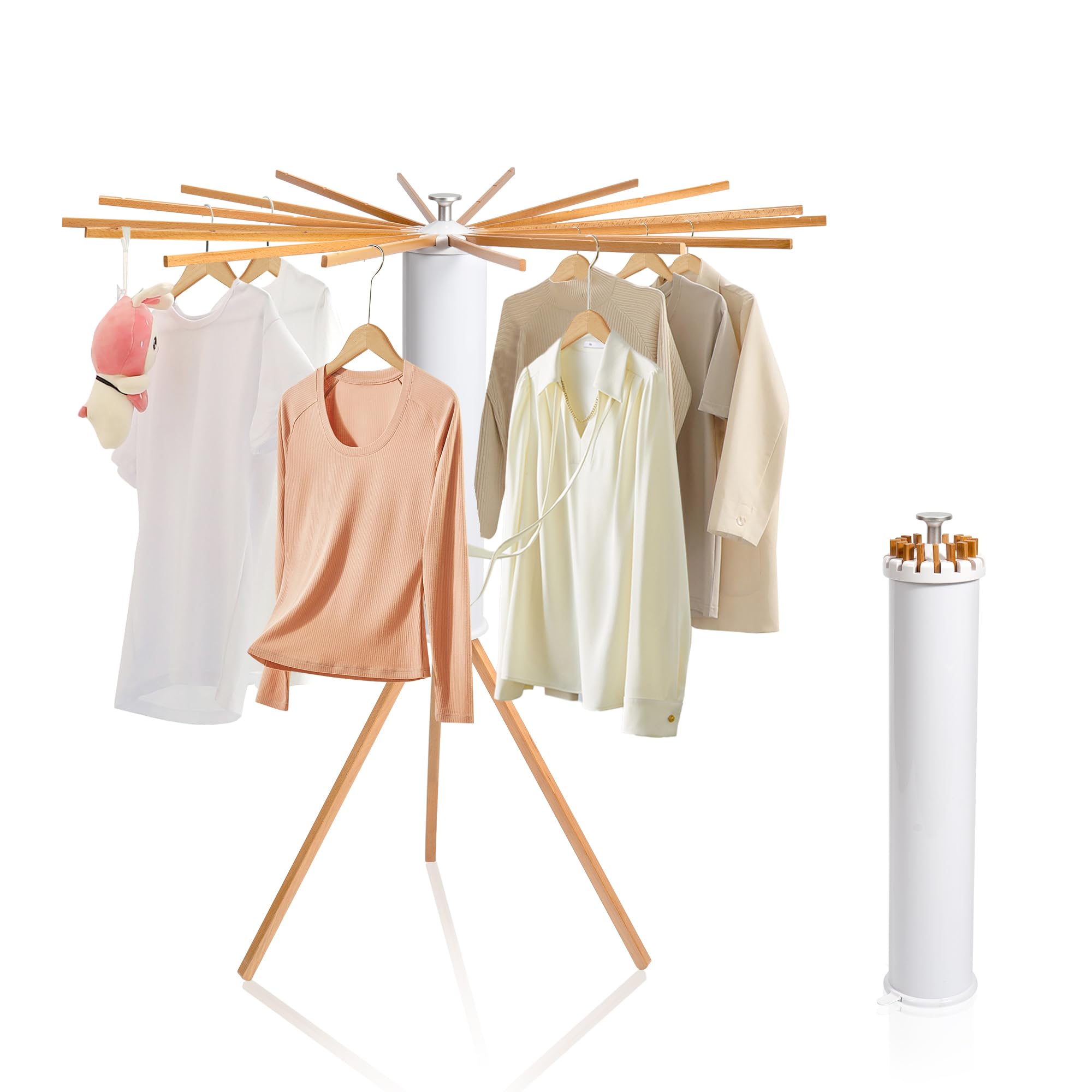 ZOFGENOW tripod-base drying rack shown in action, stable for heavy laundry.