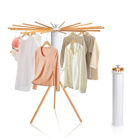 ZOFGENOW tripod-base drying rack shown in action, stable for heavy laundry.
