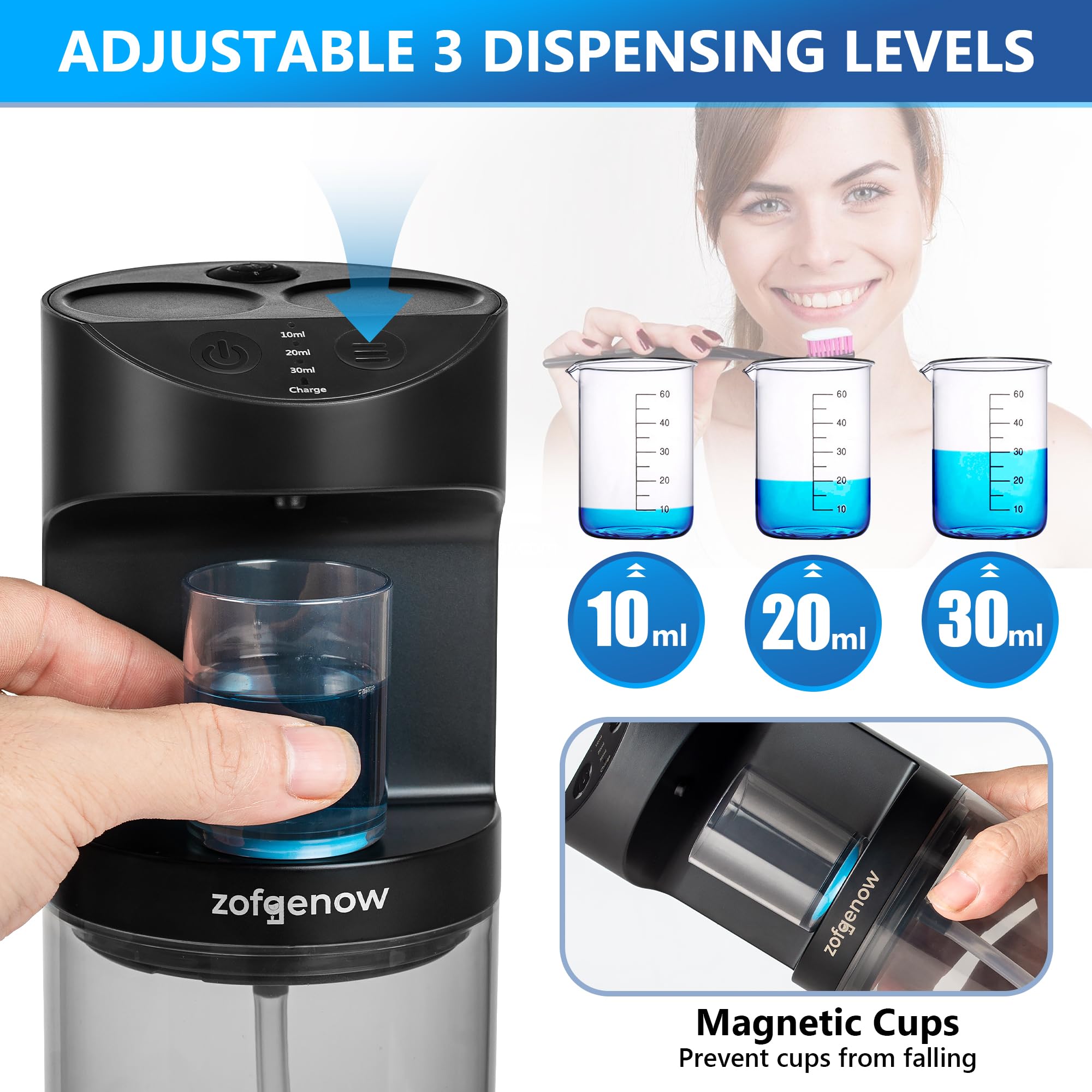 Three dispensing levels shown for precise dosing with ZOFGENOW dispenser.
