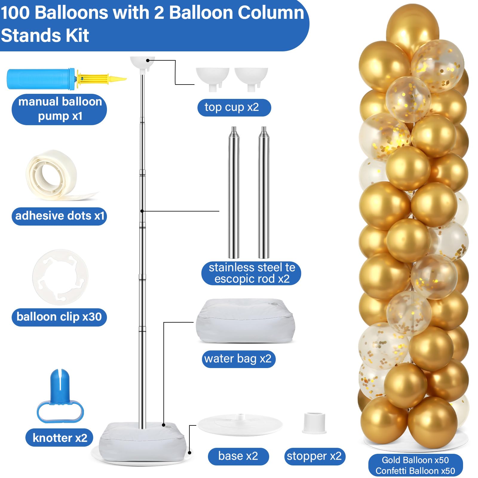 ZOIIWA 100 balloons pack with gold and confetti for a festive look.