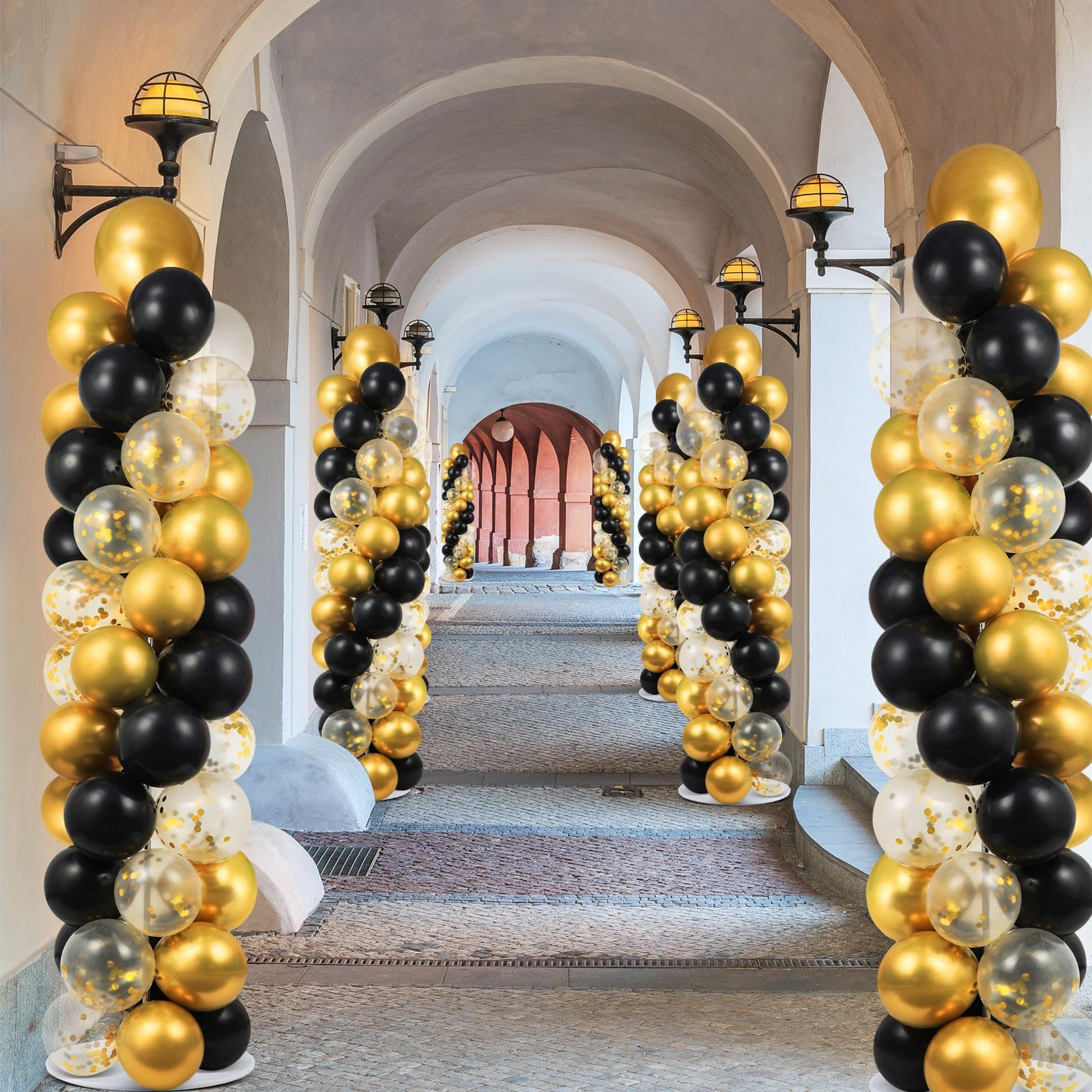 ZOIIWA assembled balloon column in black and gold for celebrations.