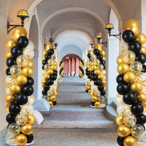 ZOIIWA assembled balloon column in black and gold for celebrations.