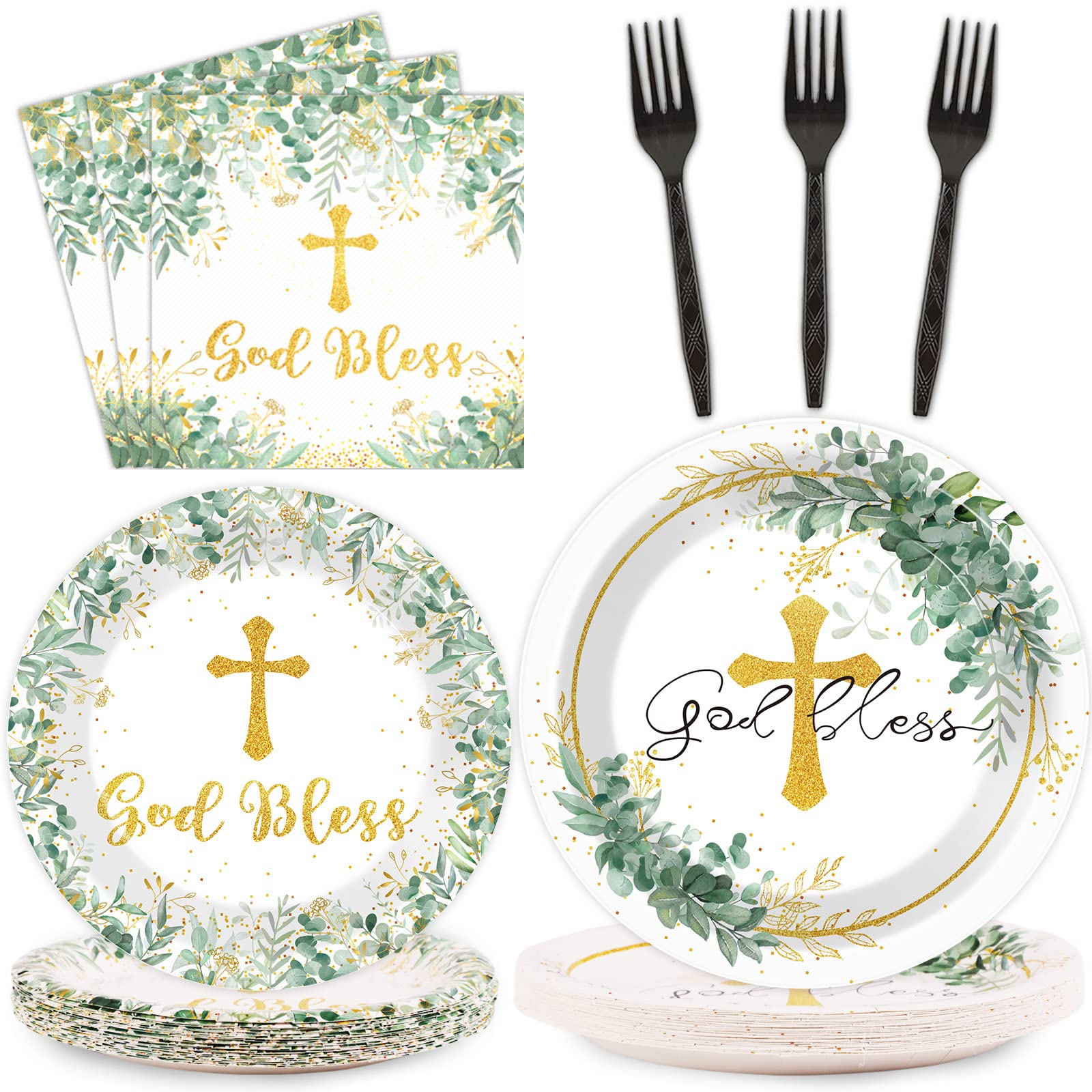 ZOIIWA God Bless plates baptism setup with green eucalyptus design for elegant celebrations.