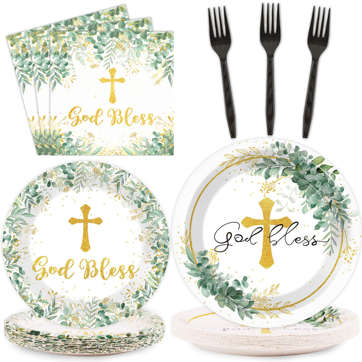 ZOIIWA God Bless plates baptism setup with green eucalyptus design for elegant celebrations.