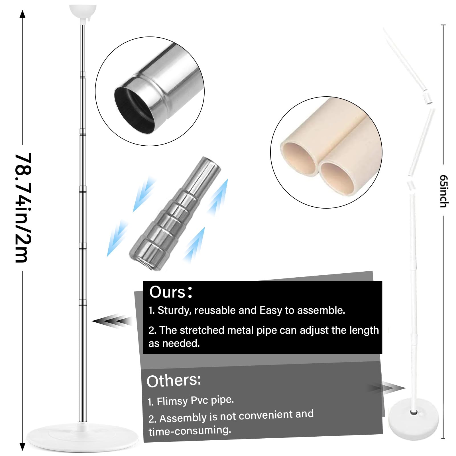 ZOIIWA telescoping stainless pole provides durable, reusable support for indoor or outdoor use.
