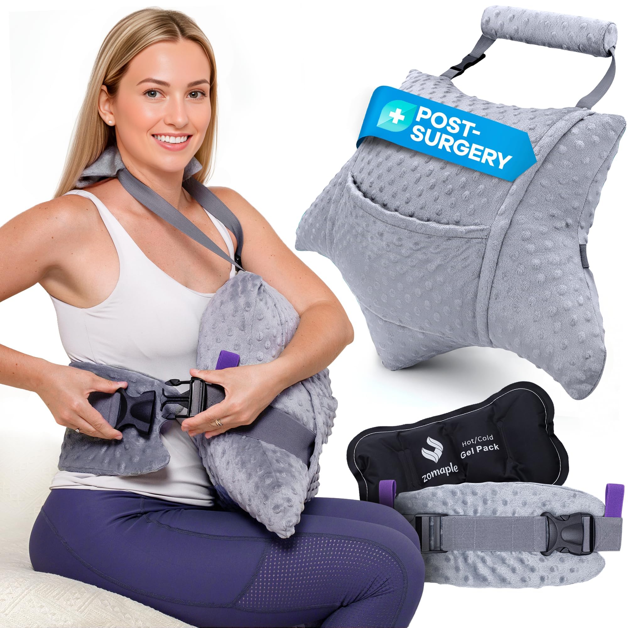 Zomaple recovery pillow with strap cushions abdominal incisions for comfortable car rides.
