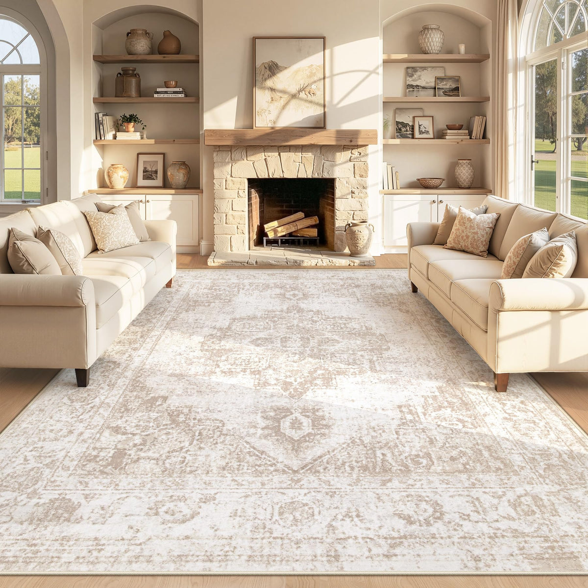 Zomfy beige 8x10 vintage medallion rug in living room adds warmth