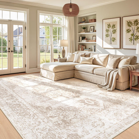 Zomfy Area Rug 9x12 vintage medallion beige enhances living room ambiance
