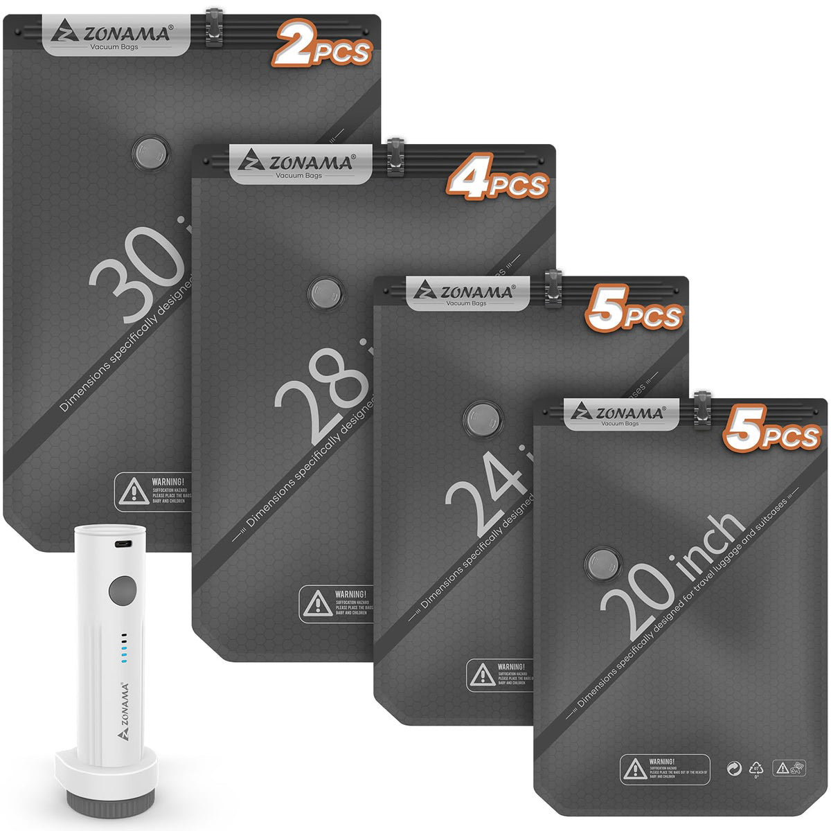 Z ZONAMA vacuum bags front view, highlighting compact travel-friendly design for packing.