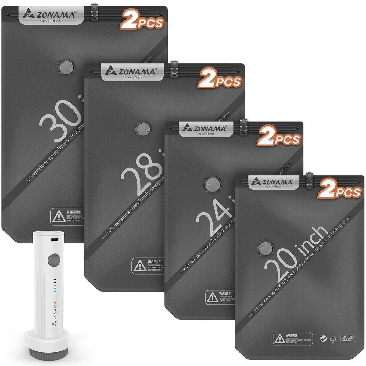Z Zonama vacuum bags and travel pump in use for quick compression on-the-go.