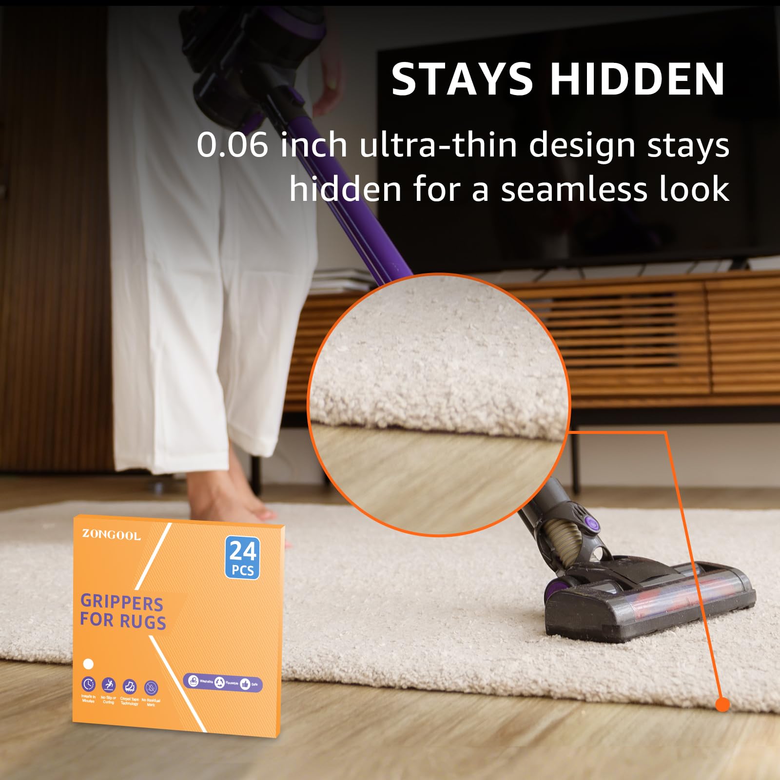 ZONGOOL washable non-slip tape offers reusable grip for rugs.