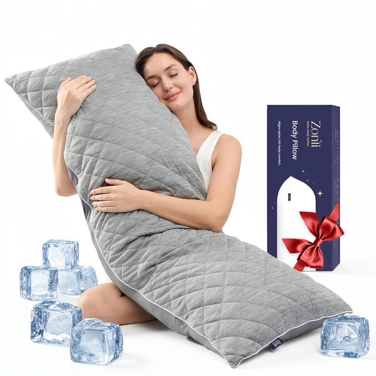 ZonLi cooling body pillow front view showing full-length support from head to knees
