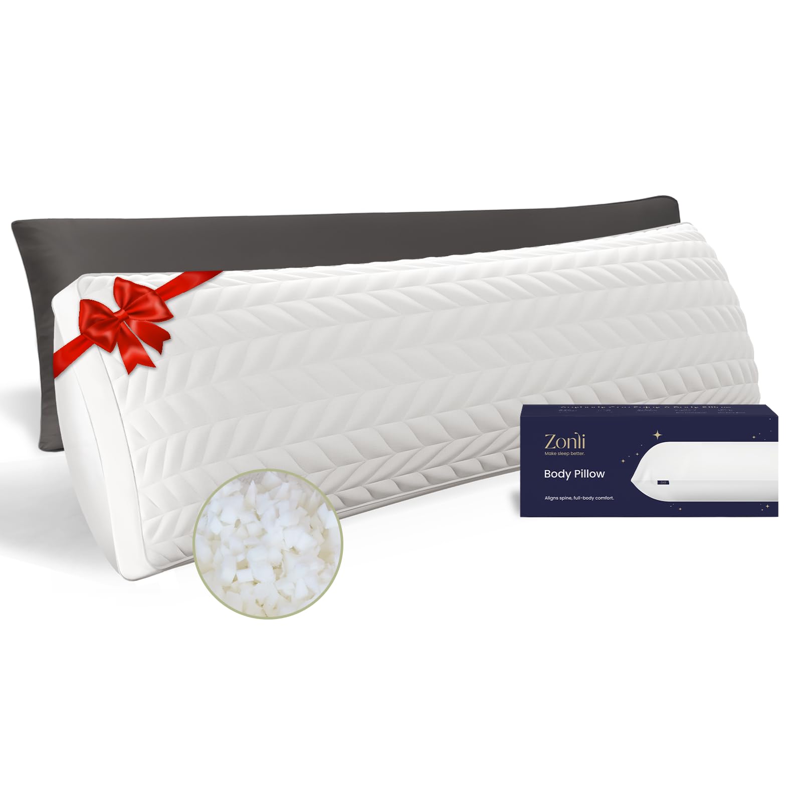 ZonLi long body pillow in bed provides full-length support for side sleepers.