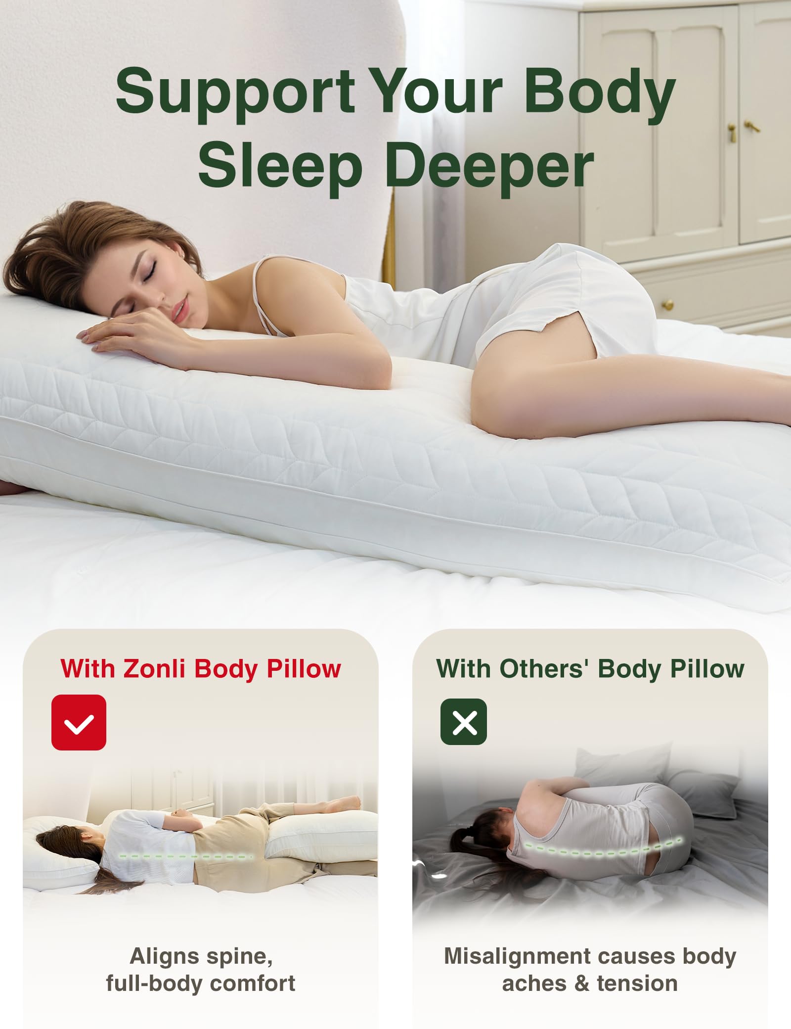 Adjustable loft demo shows ZonLi filling added or removed for personalized support.
