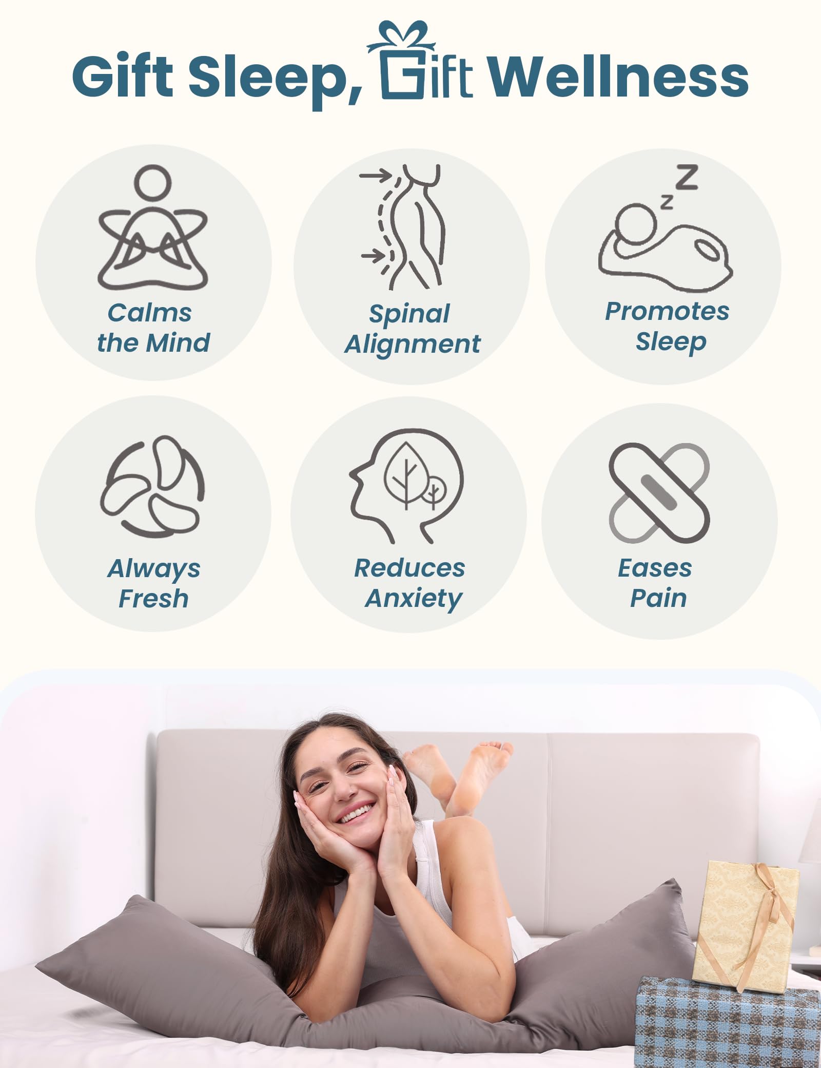 ZonLi weighted pillow on bed demonstrating quick settling and comfort.