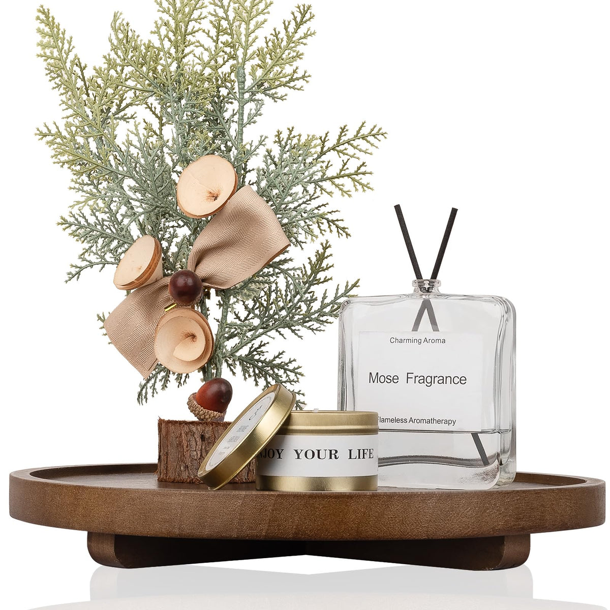 Zoocatia round wood tray with feet elevates soaps and bottles for easy access.