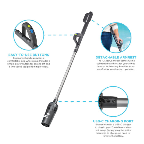 ZoomBroom cordless rechargeable battery enables cleaning anywhere.