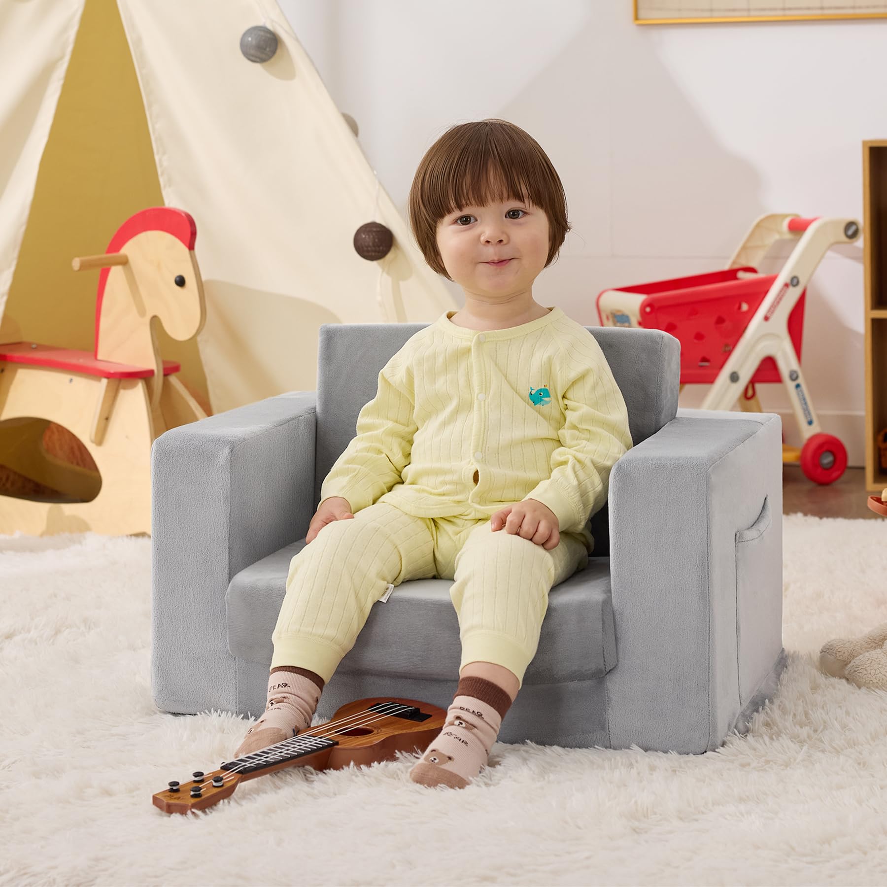 Zorvoxz Kids Couch recliner extended for versatile 2-in-1 use during play or rest.