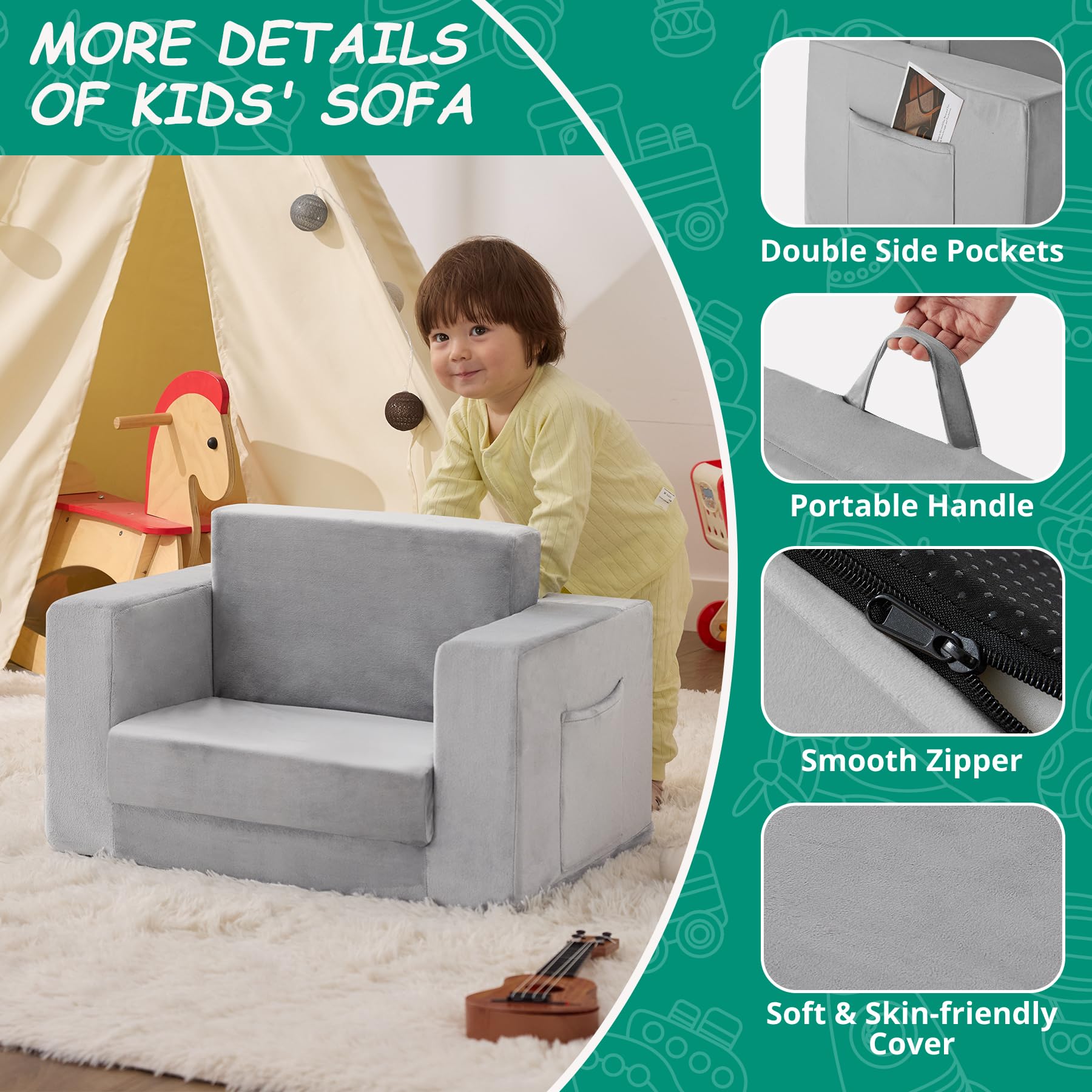 Zorvoxz Kids Couch removable cover for easy cleaning after playtime.