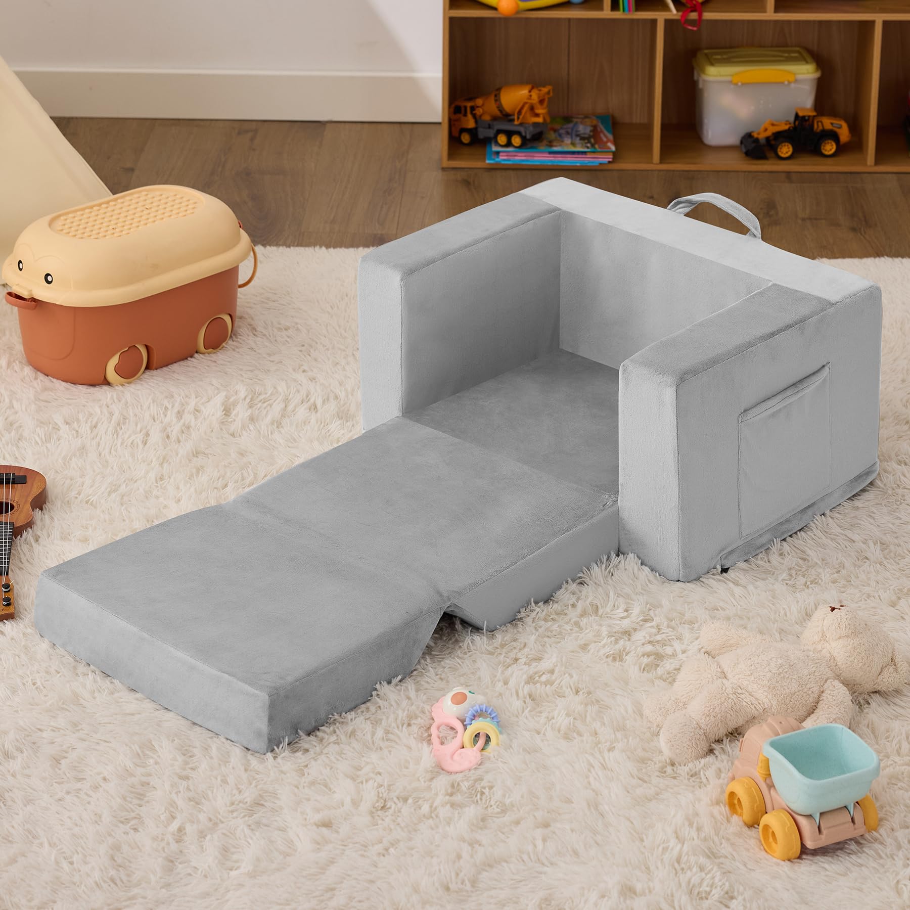 Zorvoxz Kids Couch ships in a compact box and expands to full size.