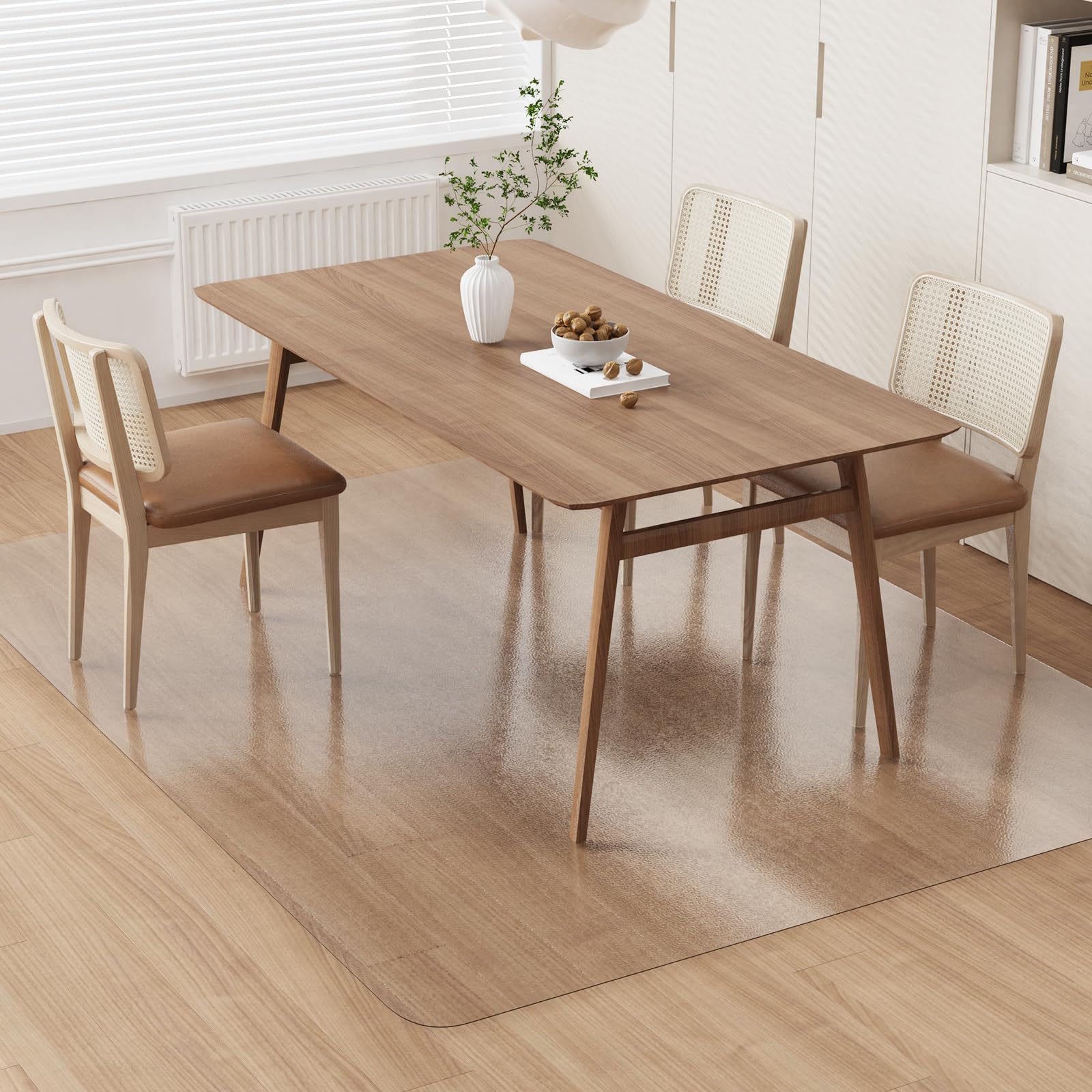 ZPAI clear plastic floor mat under dining table protecting hardwood floors from spills.