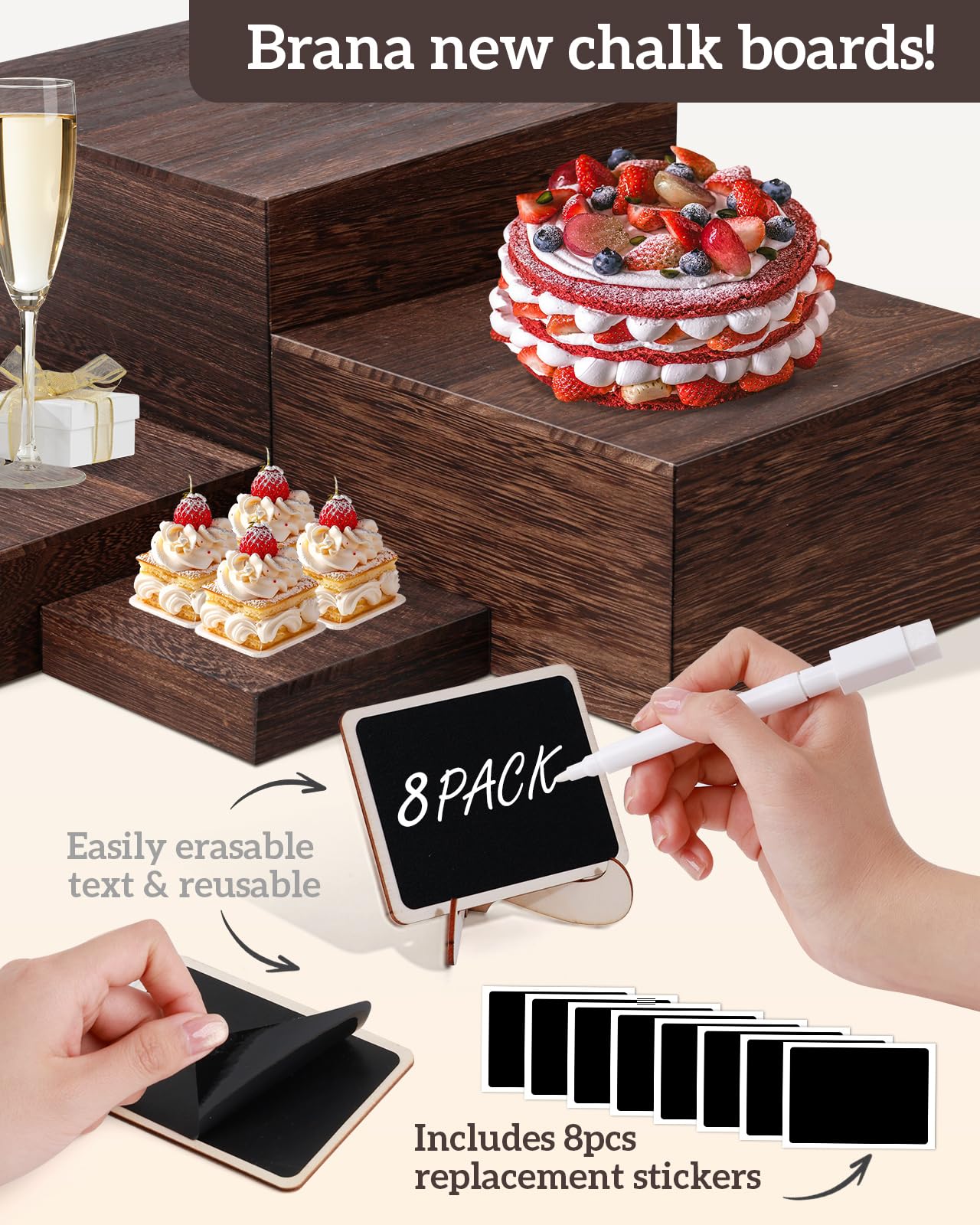 Zplontya paulownia wood risers feature smooth, splinter-free surfaces for safe display