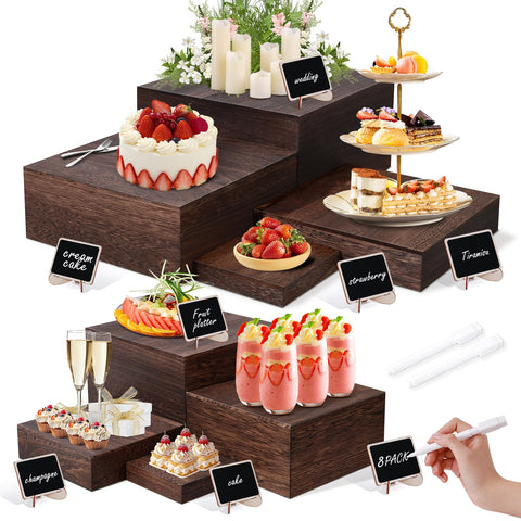 Zplontya 8-size nested buffet risers display layered desserts with rustic wood finish
