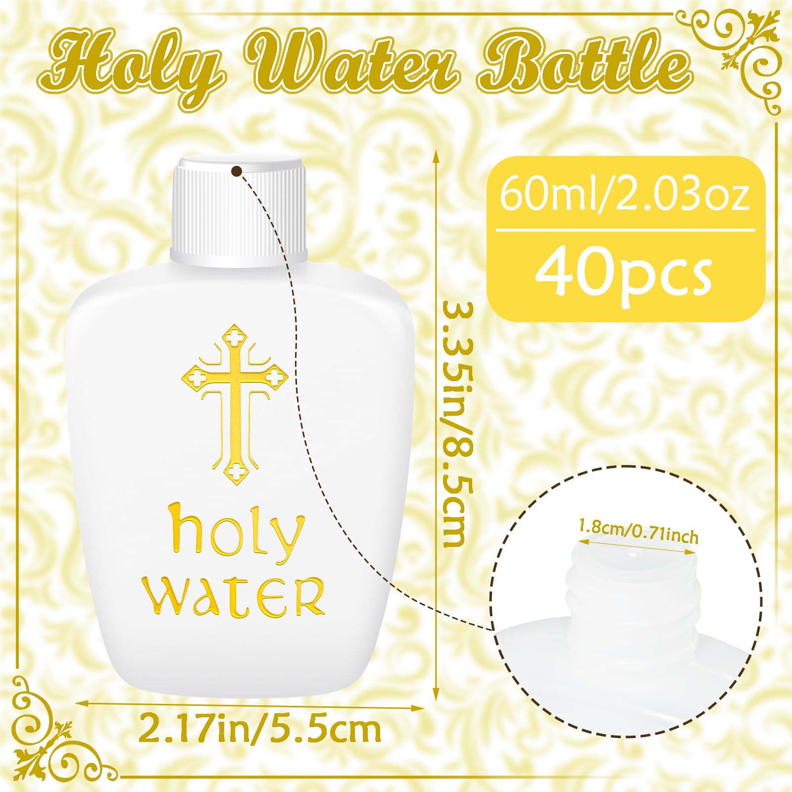 ZPOYOT holy water bottle closeup highlights gold cross and secure lid for leaks prevention.