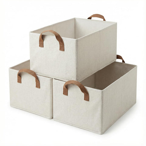 Zruitong 3-pack storage bins show beige fabric with a rigid PP bottom for durability.