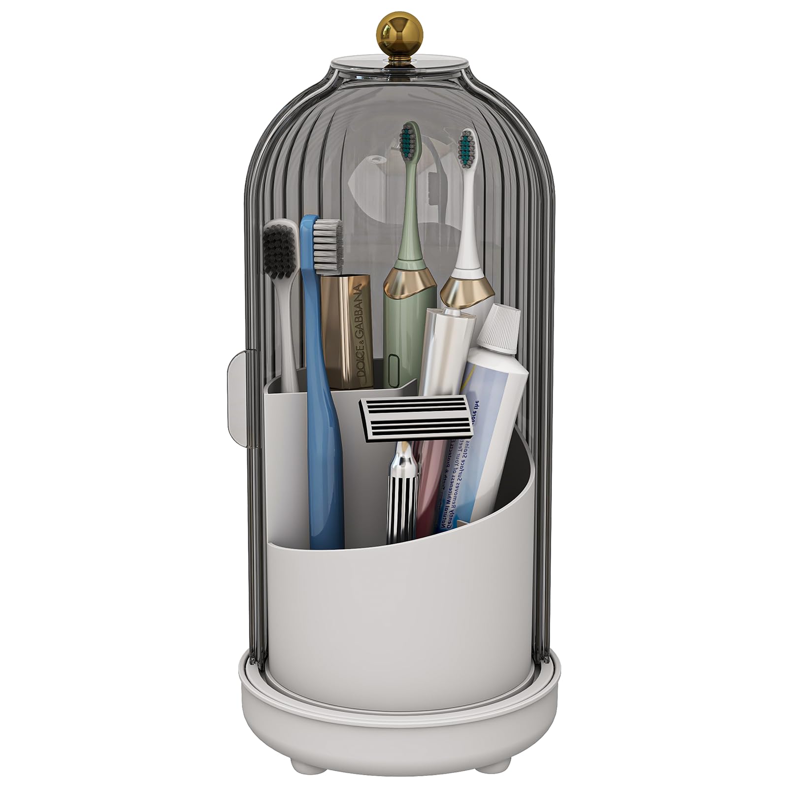 Zufudo toothbrush holder with cover and drainage bowl keeps counter dry and organized.
