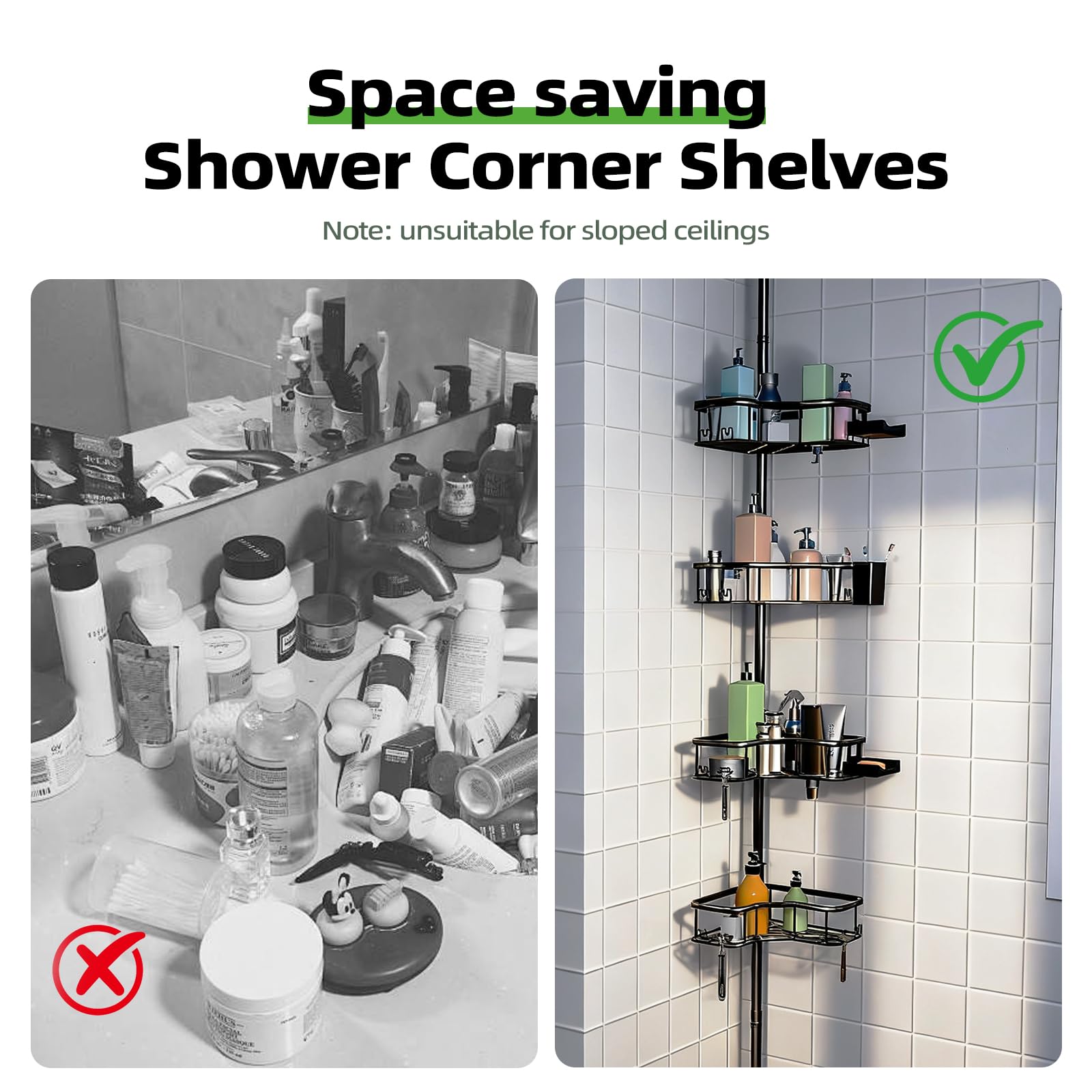 Adhesive buckles and adjustable height fit 47–122 inch spaces.